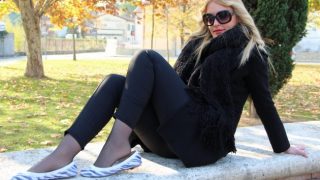 Dollface Christelle showing off her nyloned feet outdoors
